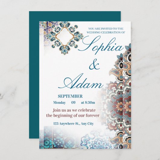 Elegant Moroccan Tile Wedding Invitation Einladung (Vorne/Hinten)