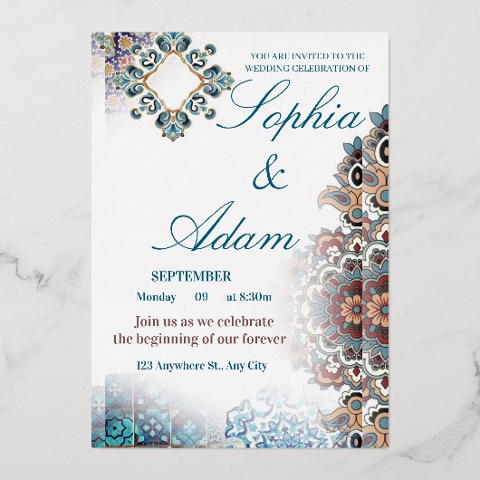 Elegant Moroccan Tile Wedding Invitation Folieneinladung (Vorderseite)