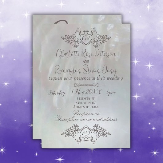 Elegant Mother-of-Pearl Lilac/Gray Wedding Einladung