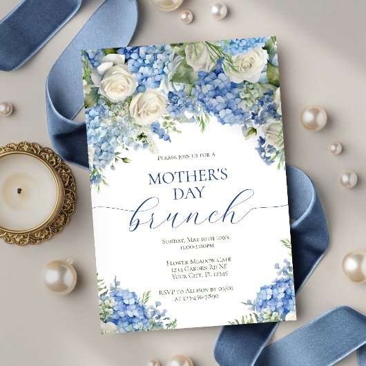 Elegant Mother's Day Brunch Blue Hydrangea Flowers Einladung