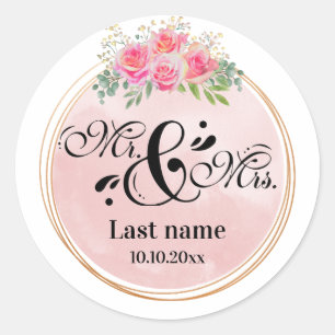 Elegant Mr. and Mrs Blush Pink Blume Wedding Runder Aufkleber