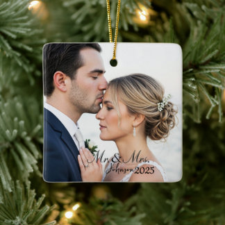 Elegant Mr. & Mrs. Custom Wedding Photo Monogram  Keramikornament