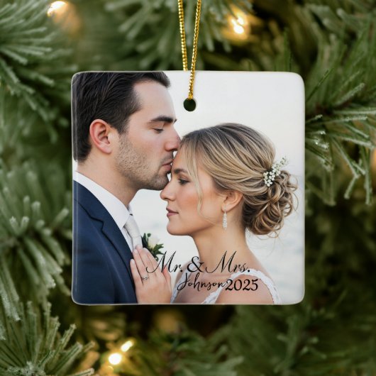 Elegant Mr. & Mrs. Custom Wedding Photo Monogram  Keramikornament (Baum)