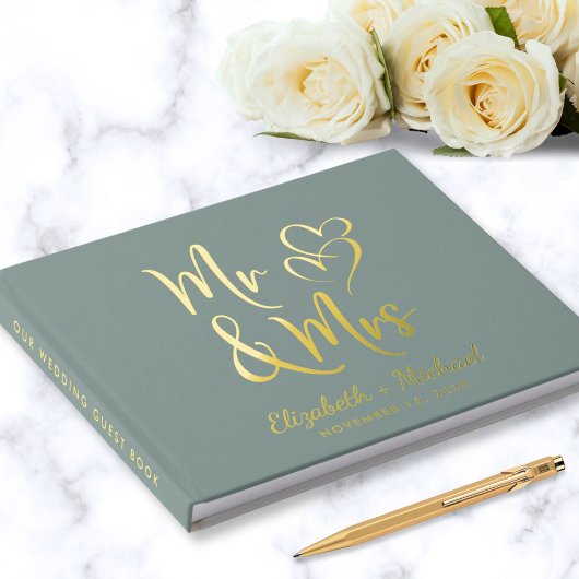 Elegant Mr. Mrs. Foto Sage Green Wedding Gästebuch