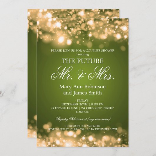 Elegant Mr. Mrs. Paares Duwer Gold Sparkle Lichter Einladung (Vorne/Hinten)