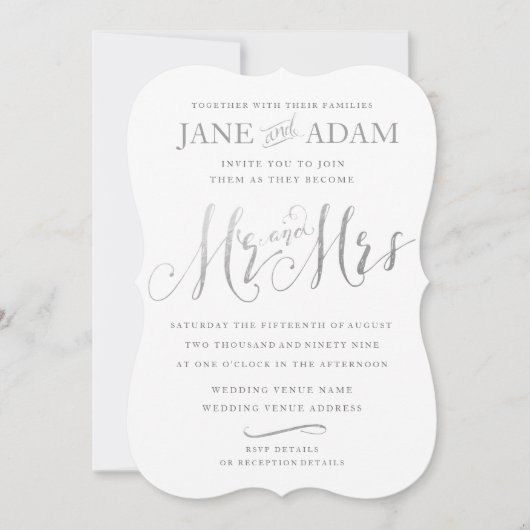 Elegant Mr. & Mrs. Silver Typografy Wedding Einlad Einladung (Vorderseite)
