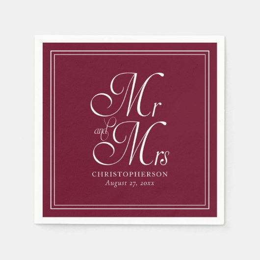Elegant Mr. und Mrs. Burgundy Marsala Wedding Serviette (Vorderseite)