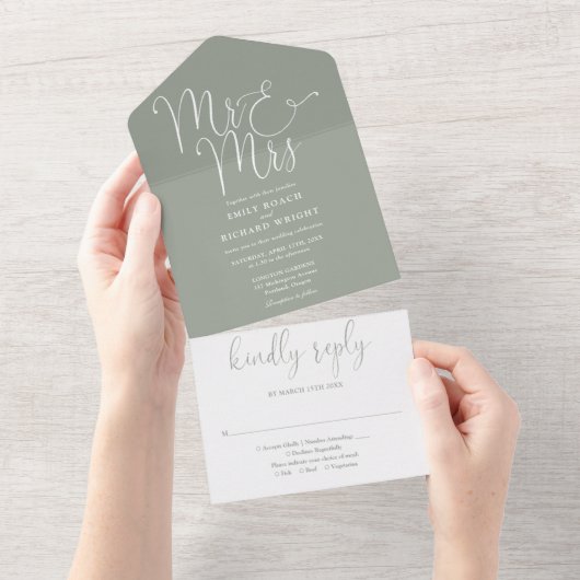 Elegant Mr. und Mrs. Script Sage Green Wedding All In One Einladung (Abreißen)