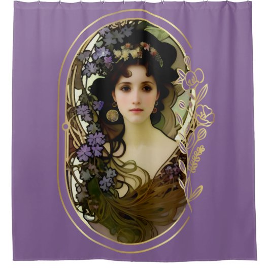 Elegant Mucha Style Porträt einer schönen Frau Duschvorhang (Vorderseite)