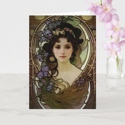 Elegant Mucha Style Porträt einer schönen Frau Karte (Orchidee)