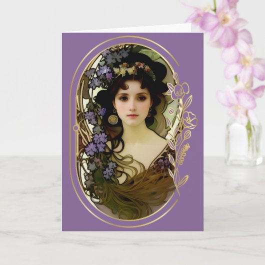 Elegant Mucha Style Porträt einer schönen Frau Karte (Orchidee)