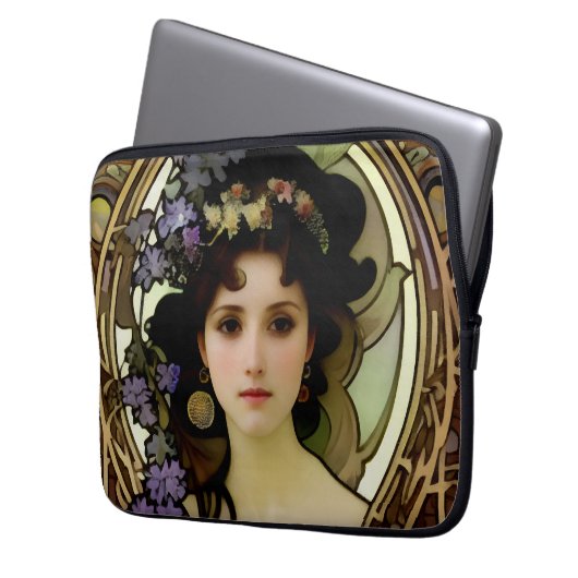 Elegant Mucha Style Porträt einer schönen Frau Laptopschutzhülle (Vorderseite Links)
