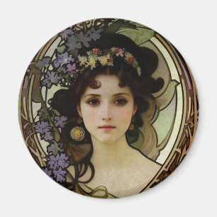 Elegant Mucha Style Porträt einer schönen Frau Magnet