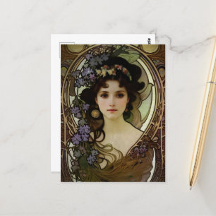 Elegant Mucha Style Porträt einer schönen Frau Postkarte