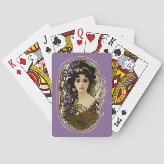 Elegant Mucha Style Porträt einer schönen Frau Spielkarten (Rückseite)