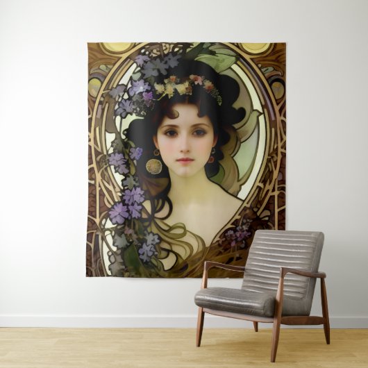 Elegant Mucha Style Porträt einer schönen Frau Wandteppich (Beispiel)