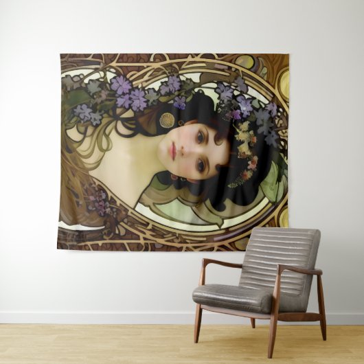 Elegant Mucha Style Porträt einer schönen Frau Wandteppich (Beispiel (Horizontal))