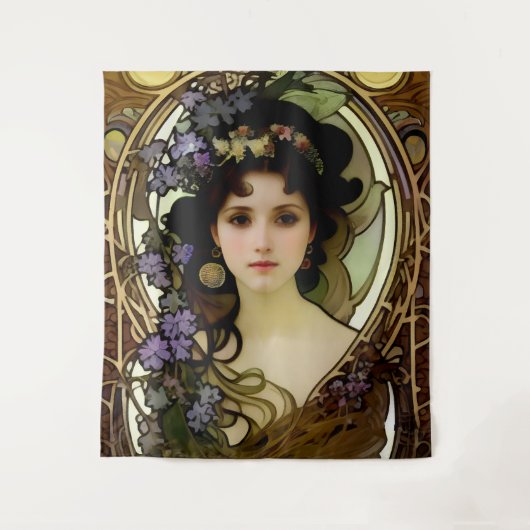Elegant Mucha Style Porträt einer schönen Frau Wandteppich (Vorderseite)