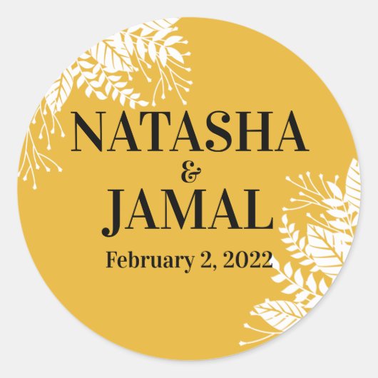 Elegant Mustard Yellow Blätter Wedding Runder Aufkleber (Vorderseite)