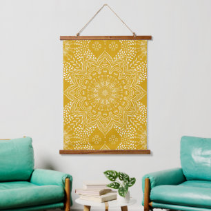 Elegant Mustard Yellow Boho Mandala Wandteppich Mit Holzrahmen