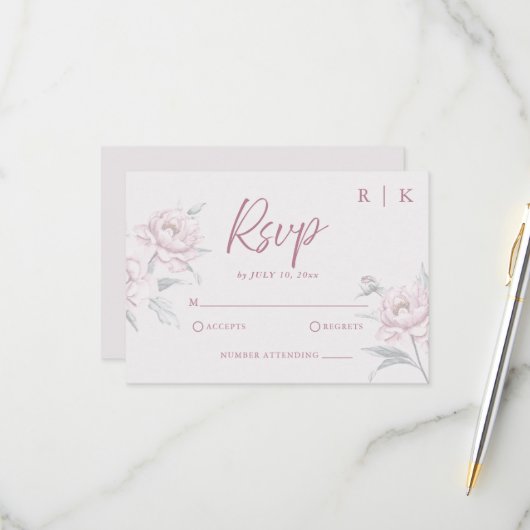 Elegant Mute Dusky Pink Peony Wedding RSVP Card (Vorderseite/Rückseite Beispiel)