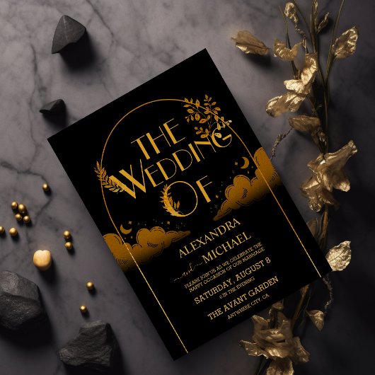 Elegant Mystical Black Gold Clouds Moon Wedding Einladung