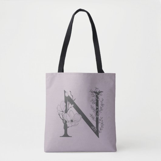 Elegant N Boho Floral Monogram Initial Lilac Gray Tasche (Vorderseite)