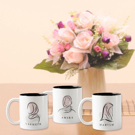 Elegant Name Mug: Minimalist Hijab Line Art, Zweifarbige Tasse