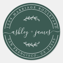 Elegant Names Dark Green Wedding Rücksendeadresse Runder Aufkleber