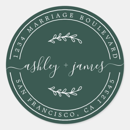 Elegant Names Dark Green Wedding Rücksendeadresse Runder Aufkleber (Vorderseite)