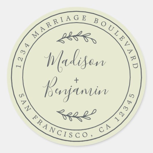 Elegant Names Green Wedding Rücksendeadresse Runder Aufkleber (Vorderseite)