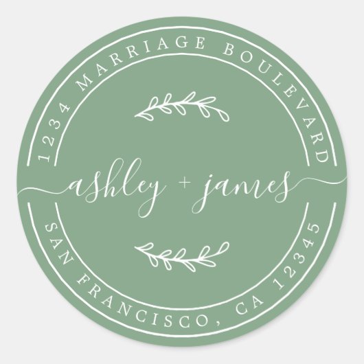 Elegant Names Green Wedding Rücksendeadresse Runder Aufkleber (Vorderseite)