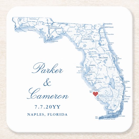 Elegant Naples Florida Map Wedding Rechteckiger Pappuntersetzer (Vorderseite)