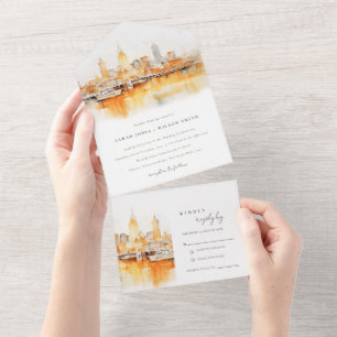 Elegant Nashville City Skyline Watercolor Wedding All In One Einladung