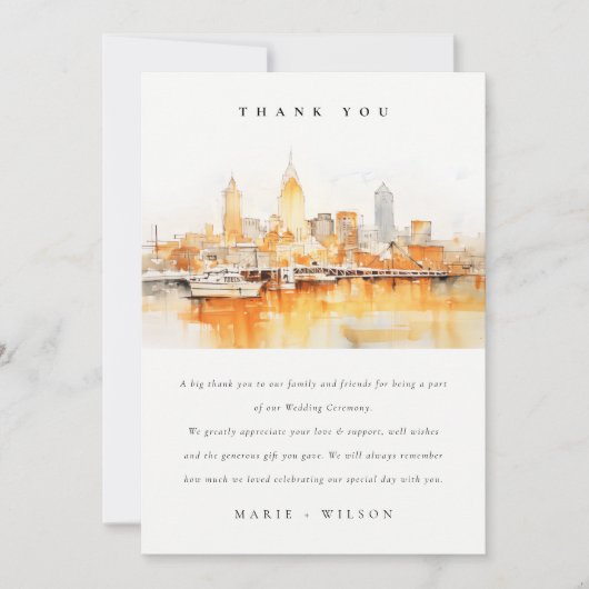 Elegant Nashville City Skyline Watercolor Wedding Dankeskarte (Vorderseite)