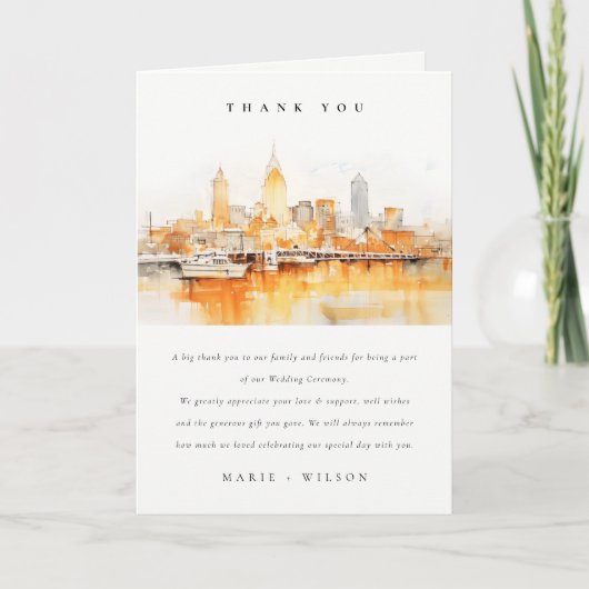 Elegant Nashville City Skyline Watercolor Wedding Dankeskarte (Vorderseite)