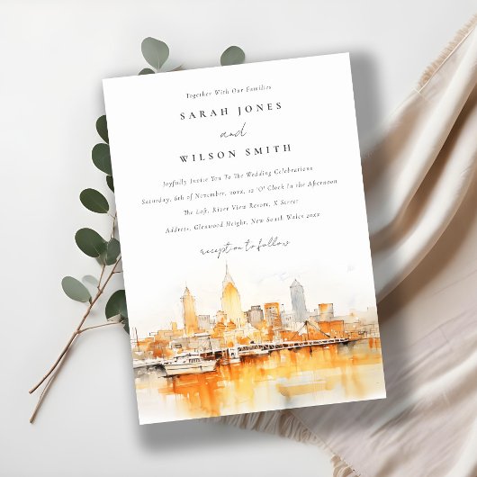 Elegant Nashville City Skyline Watercolor Wedding Einladung