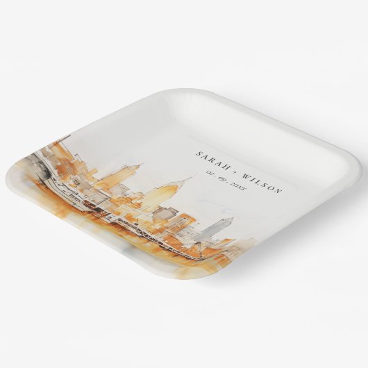 Elegant Nashville City Skyline Watercolor Wedding Pappteller (Gewinkelt)