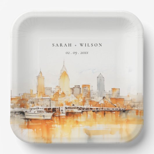 Elegant Nashville City Skyline Watercolor Wedding Pappteller (Vorderseite)
