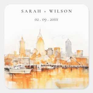 Elegant Nashville City Skyline Watercolor Wedding Quadratischer Aufkleber