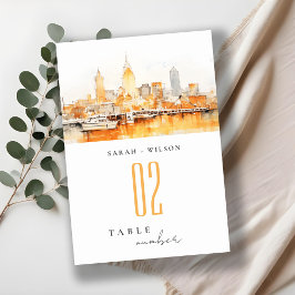 Elegant Nashville City Skyline Watercolor Wedding Tischnummer