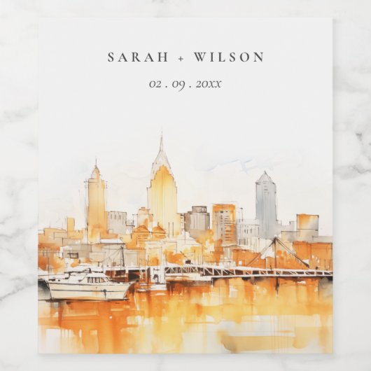 Elegant Nashville City Skyline Watercolor Wedding Weinetikett (Einzelnes Label)