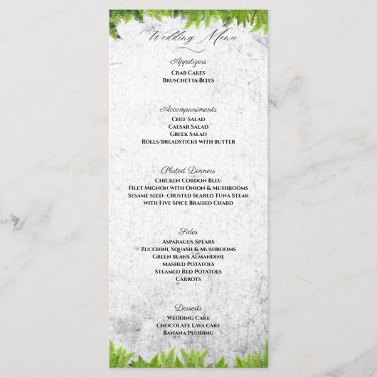 Elegant Natural Ferns Romantische Blätter Hochzeit Menükarte (Vorderseite)