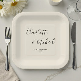 Elegant Natural White Script Minimalist Wedding Pappteller