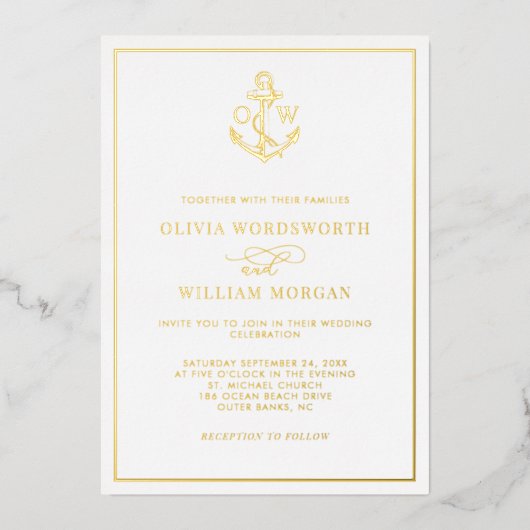 Elegant Nautical Anchor Monogram Wedding All Gold  Folieneinladung (Vorderseite)