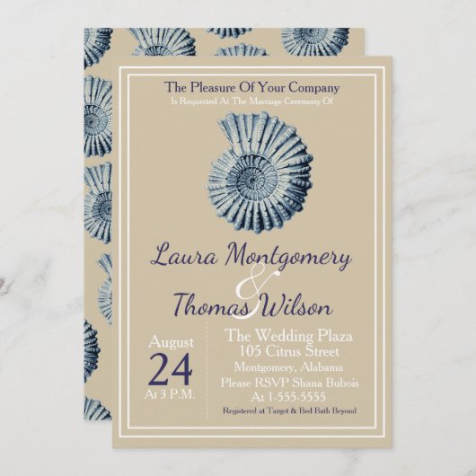 Elegant Nautical Beach Blue Seashell Wedding Einladung (Vorne/Hinten)