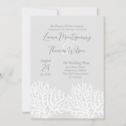 Elegant Nautical Beach White Sea Coral Wedding Einladung (Vorderseite)
