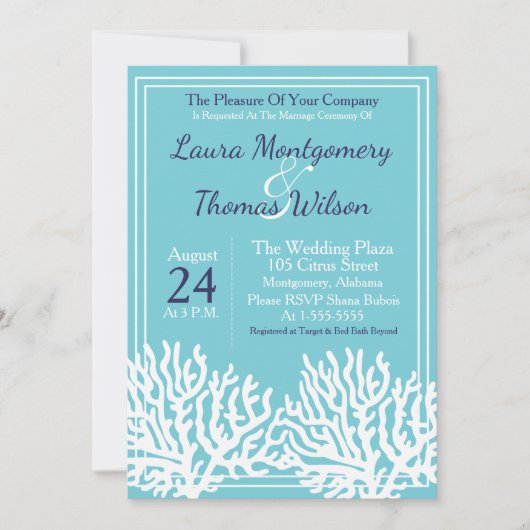 Elegant Nautical Beach White Sea Coral Wedding Einladung (Vorderseite)