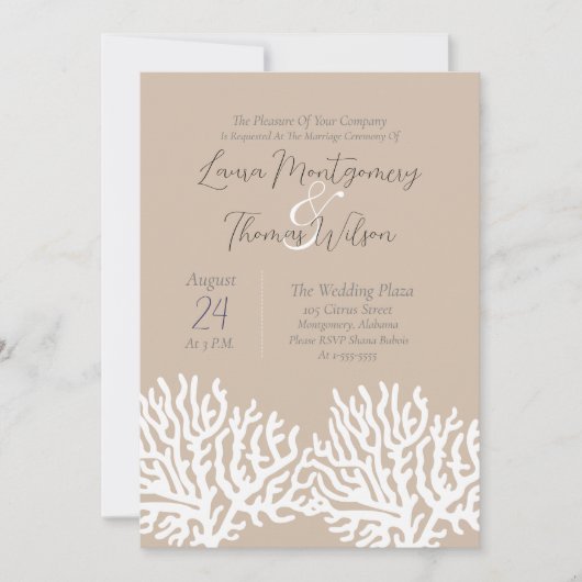 Elegant Nautical Beach White Sea Coral Wedding Einladung (Vorderseite)