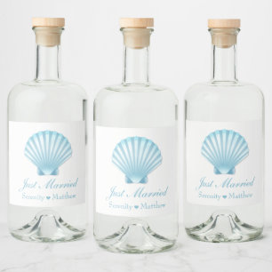 Elegant Nautical Blue Muschel Just Married Wedding Alkoholflaschenetikett